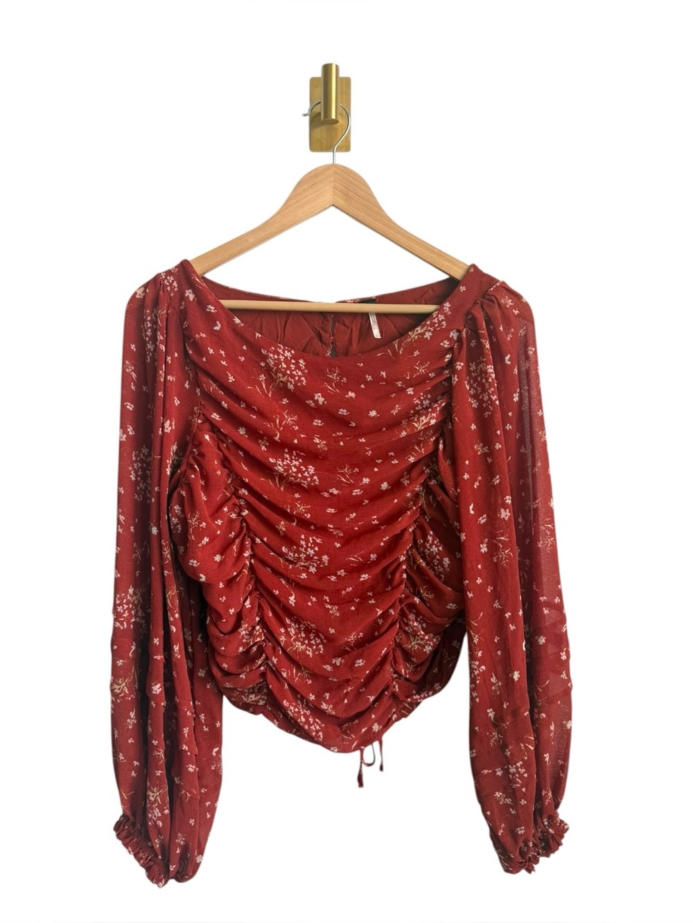 Free People L Ruched Floral Chiffon Open Back Blouse Balloon Sleeve Boho Top